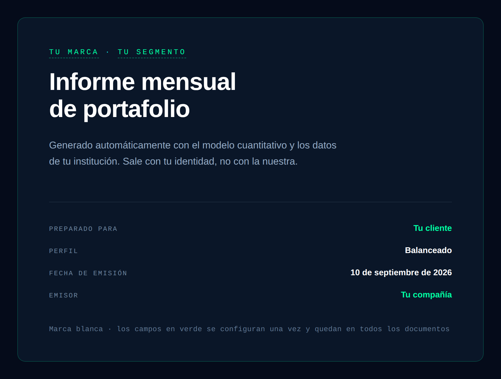 Portada de informe mensual de portafolio con los campos de marca de la institución destacados